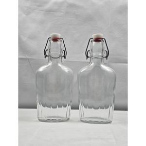 2 Bormioli Rocco Italy Flask with Metal Clamp Top Clear Glass‎ Bottle
